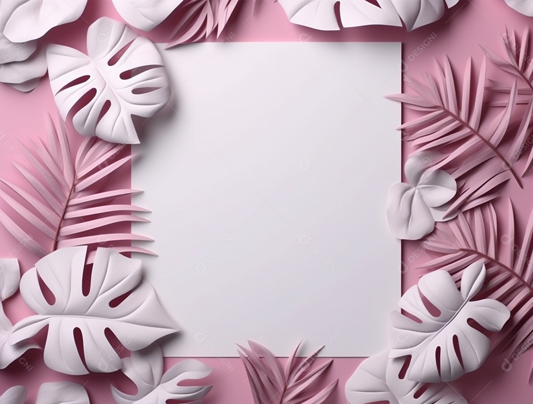 Papel em branco sobre o fundo rosa com folhagens.