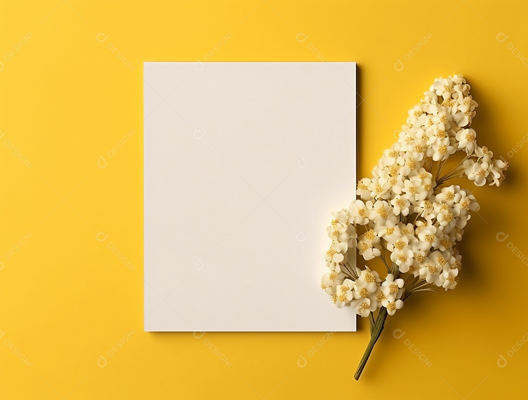 Papel em branco sobre fundo amarelo com buquê de flores.