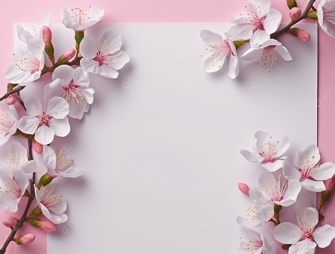 Papel em branco sobre fundo rosa com flores.