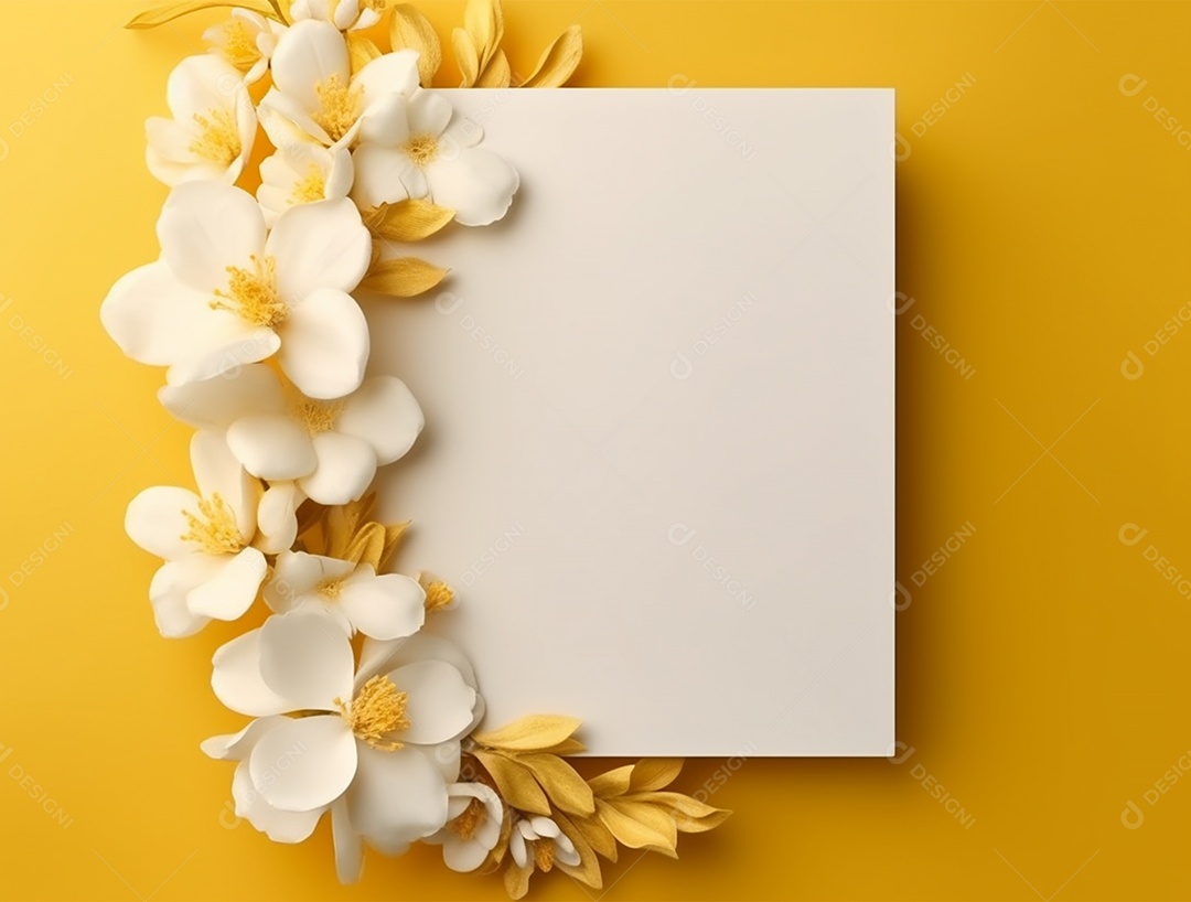 Papel em branco sobre fundo amarelo com flores.