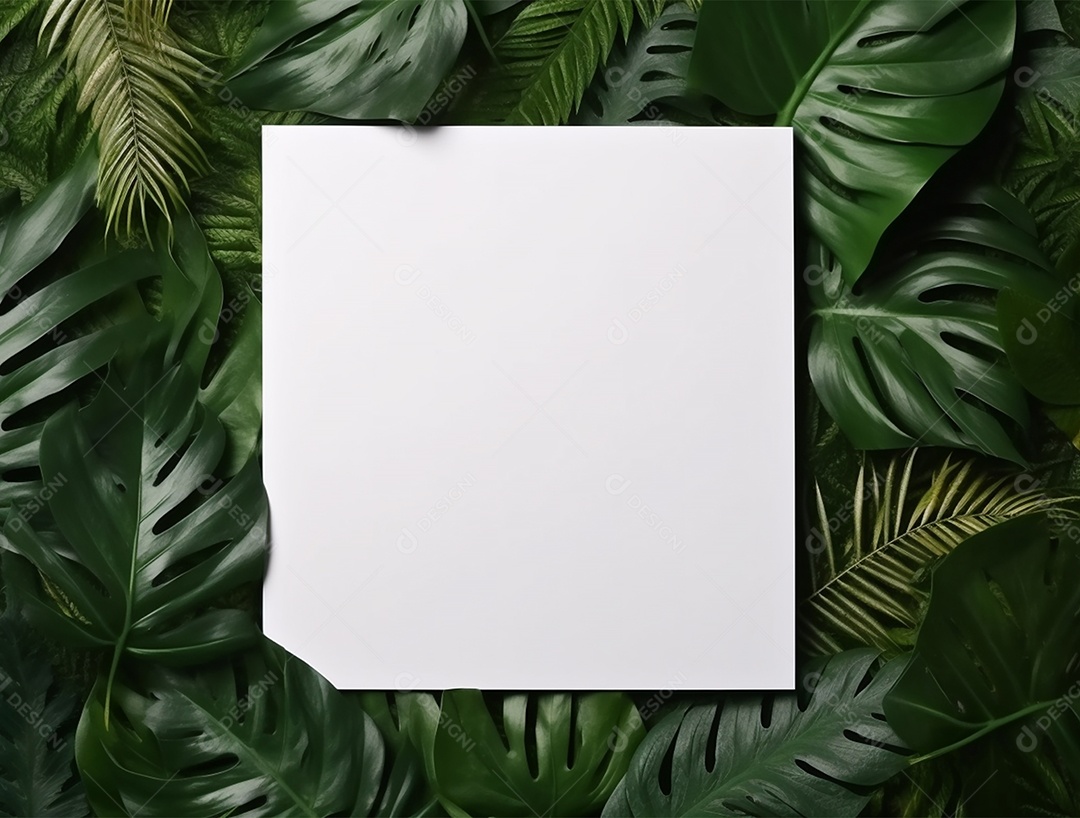 Papel em branco sobre um fundo de folhagem.