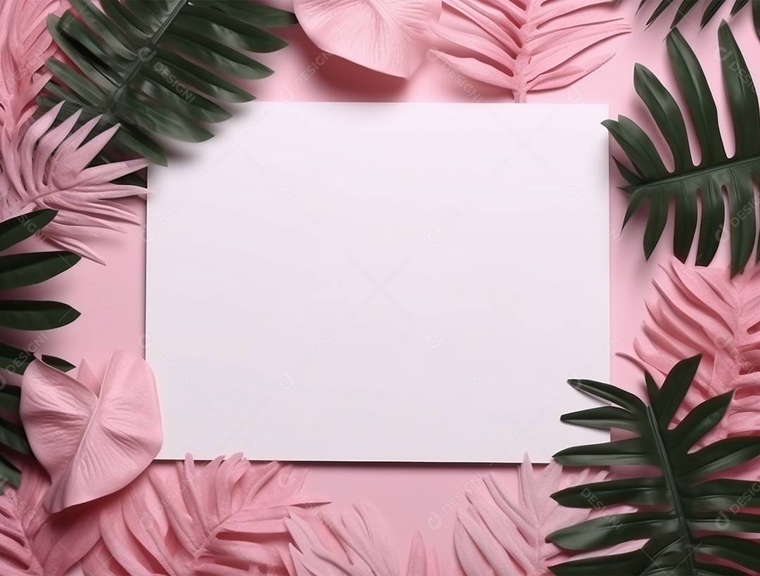 Papel em branco sobre um fundo rosa com folhas.