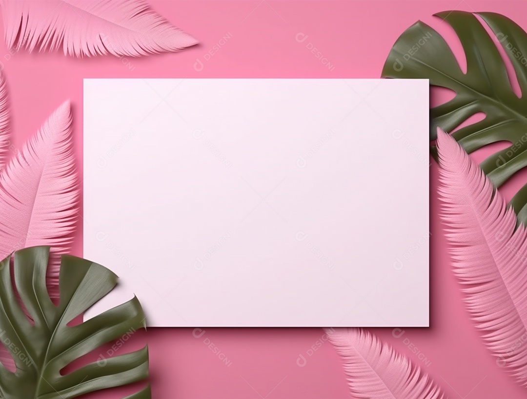 Fundo rosa com papel em branco com folhagem.