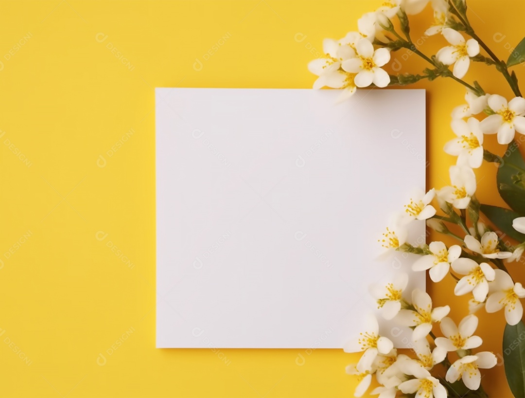 Papel em branco sobre fundo amarelo com buquê de flores.