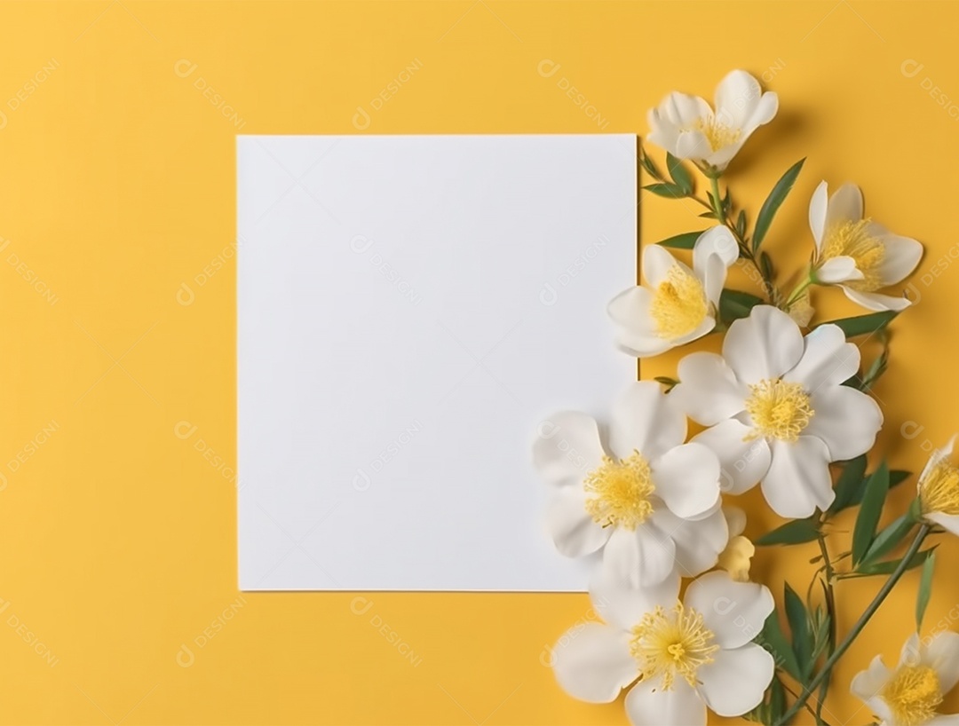 Papel em branco sobre fundo amarelo com buquê de flores.