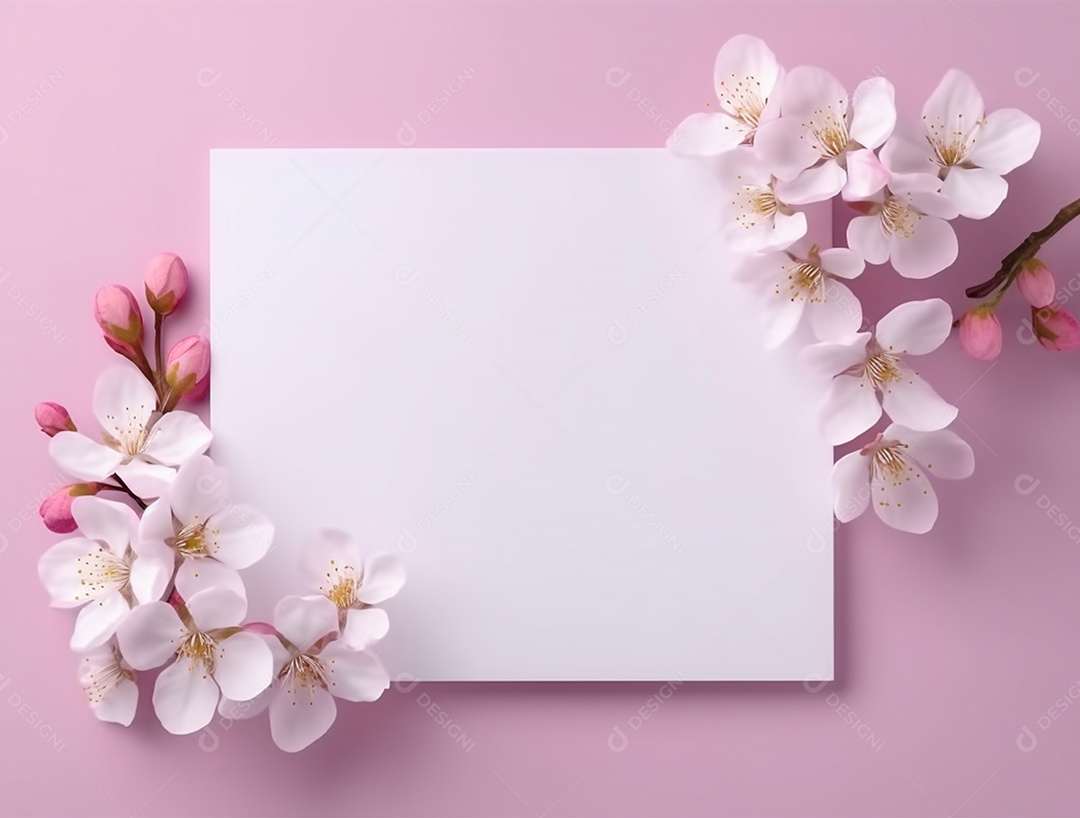 Papel em branco sobre fundo rosa com buquê de flores.