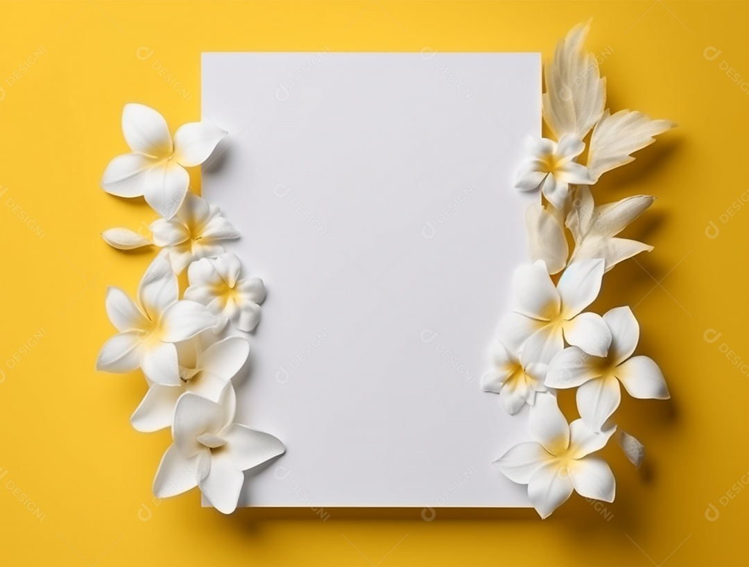 Papel em branco sobre fundo amarelo com flores.