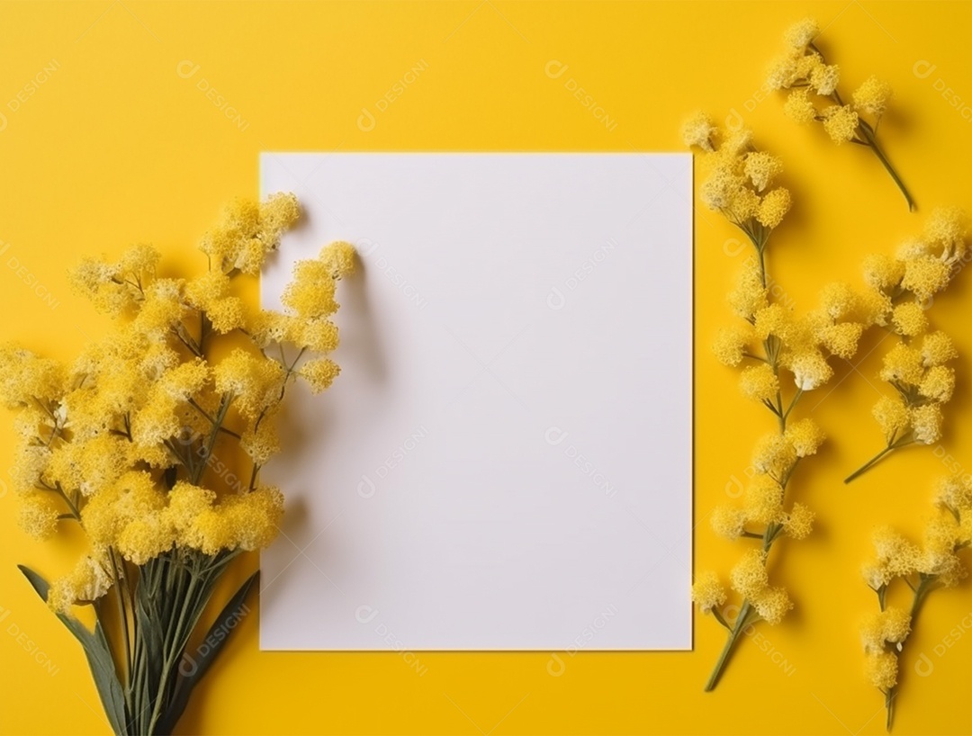 Papel em branco sobre fundo amarelo com buquê de flores.