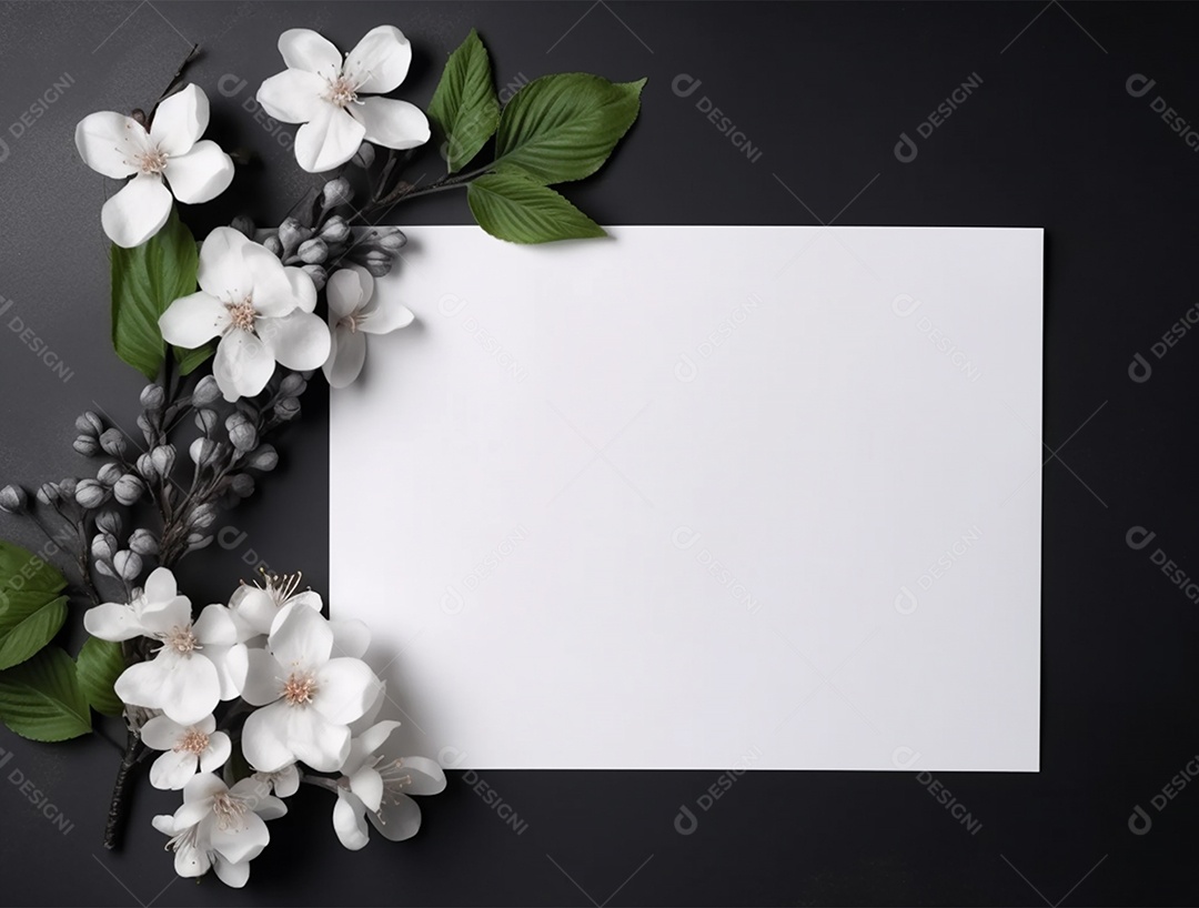 Papel em branco sobre fundo escuro com buquê de flores.