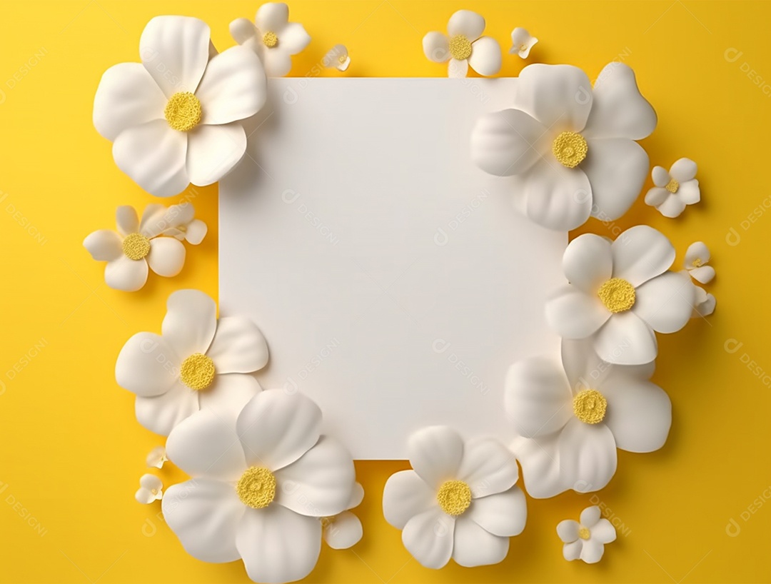 Papel em branco sobre fundo amarelo com flores.
