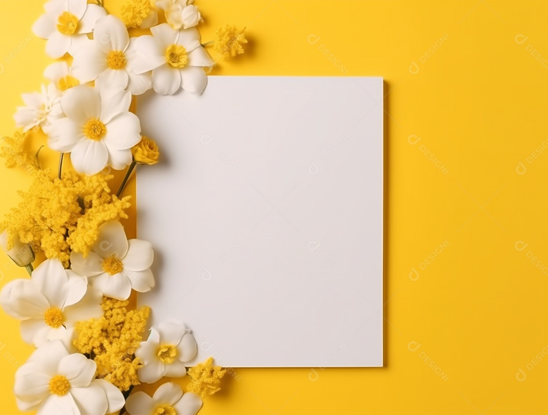 Papel em branco sobre fundo amarelo com buquê de flores.