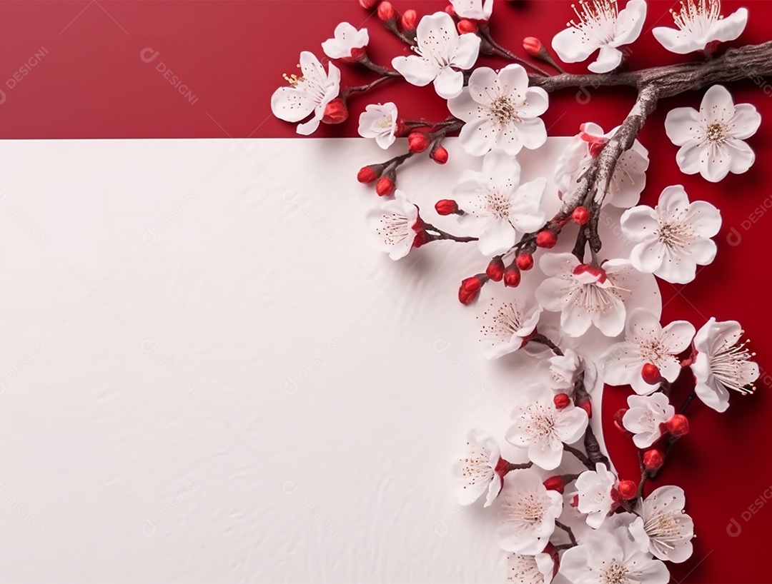 Papel em branco sobre fundo vermelho com buquê de flores.