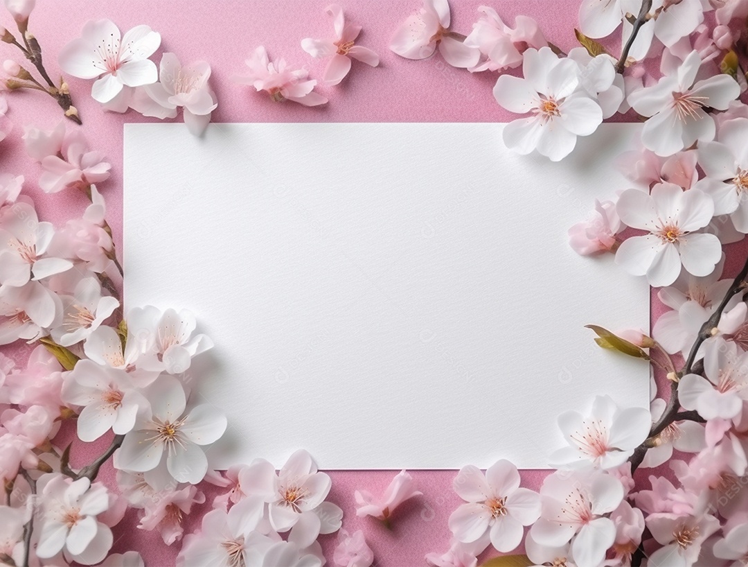 Papel em branco sobre fundo rosa de flores.