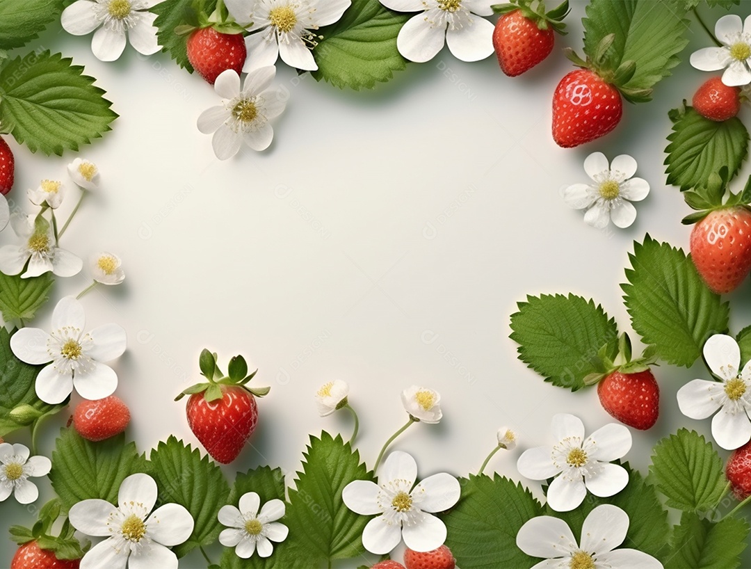 Folhagem, flores e fruto sobre um fundo branco.