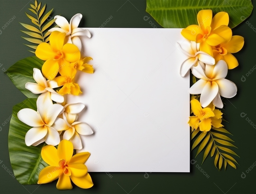 Papel em branco sobre fundo amarelo com buquê de flores.