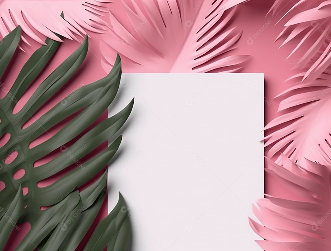 Papel em branco sobre um fundo rosa com folhas.