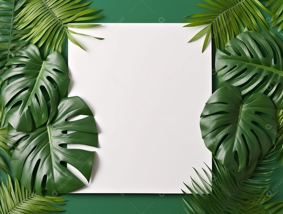 Papel em branco sobre fundo verde com folhagem.