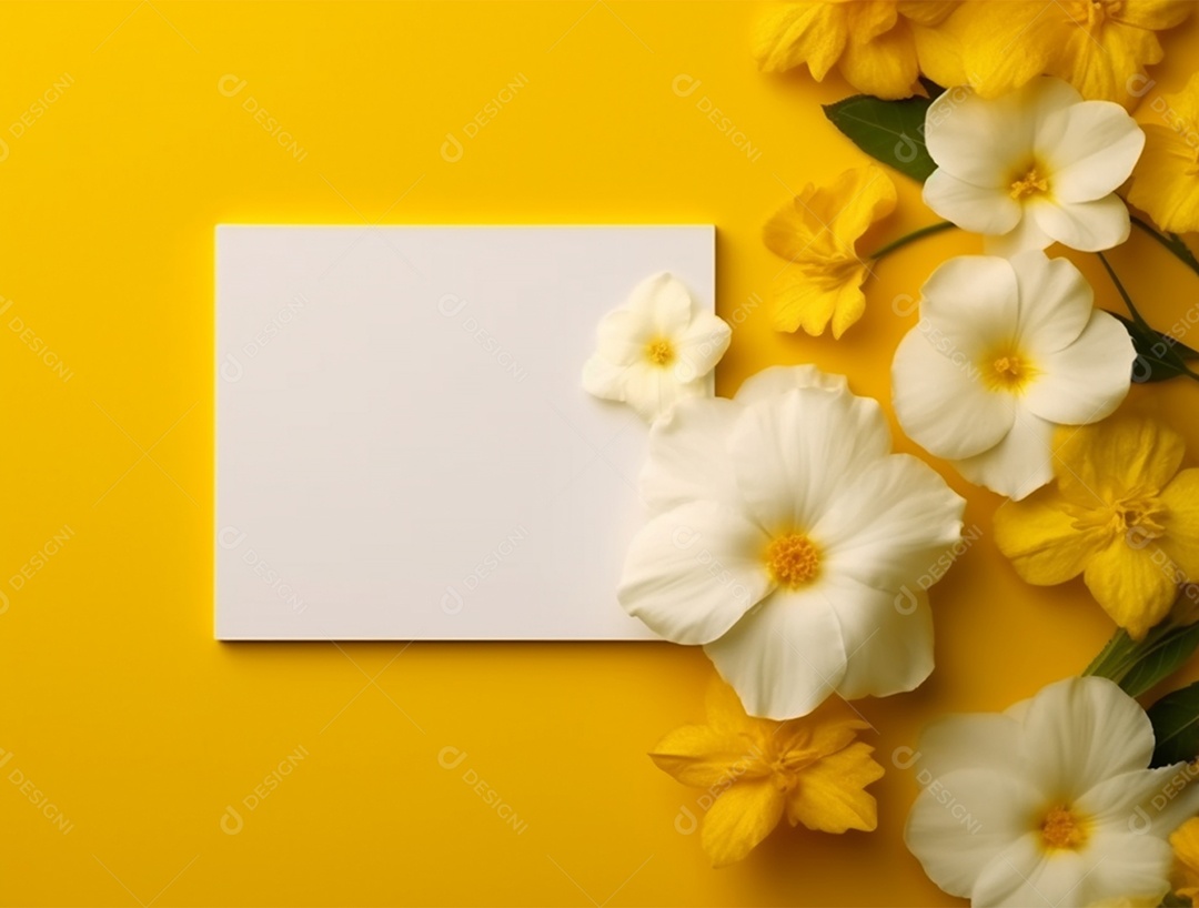 Papel em branco sobre fundo amarelo com buquê de flores.