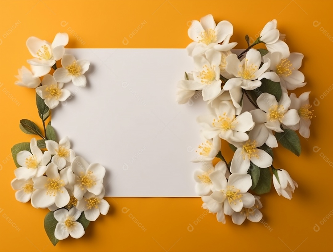 Papel em branco sobre fundo amarelo com buquê de flores.