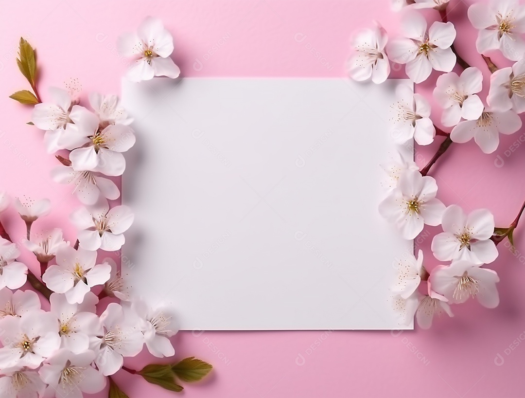 Papel em branco sobre fundo rosa com buquê de flores.