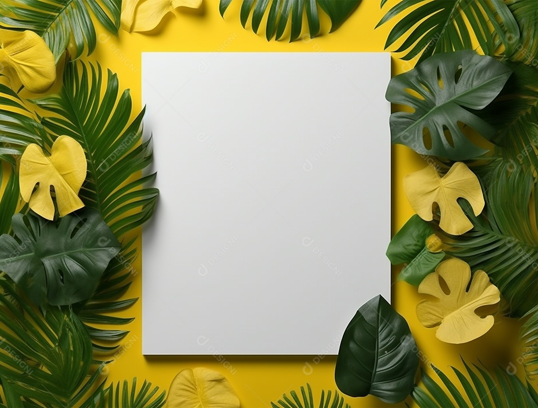 Papel em branco sobre fundo amarelo com folhagem.