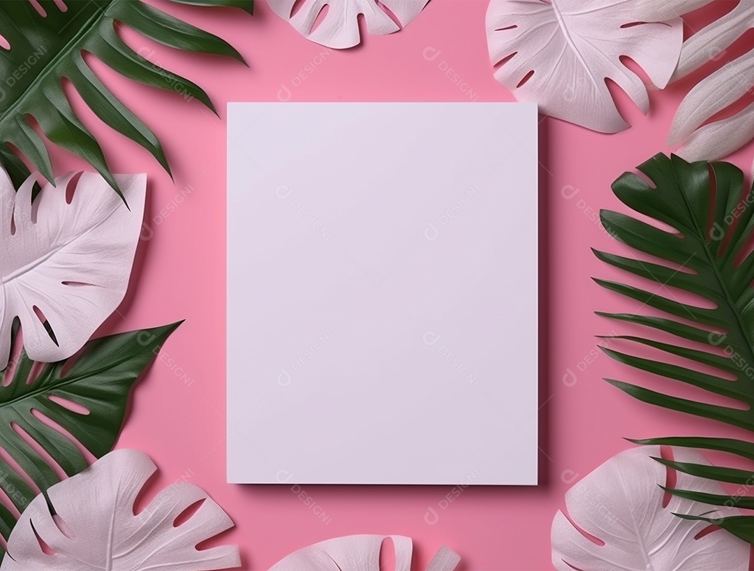 Papel em branco sobre fundo rosa com folhagem.