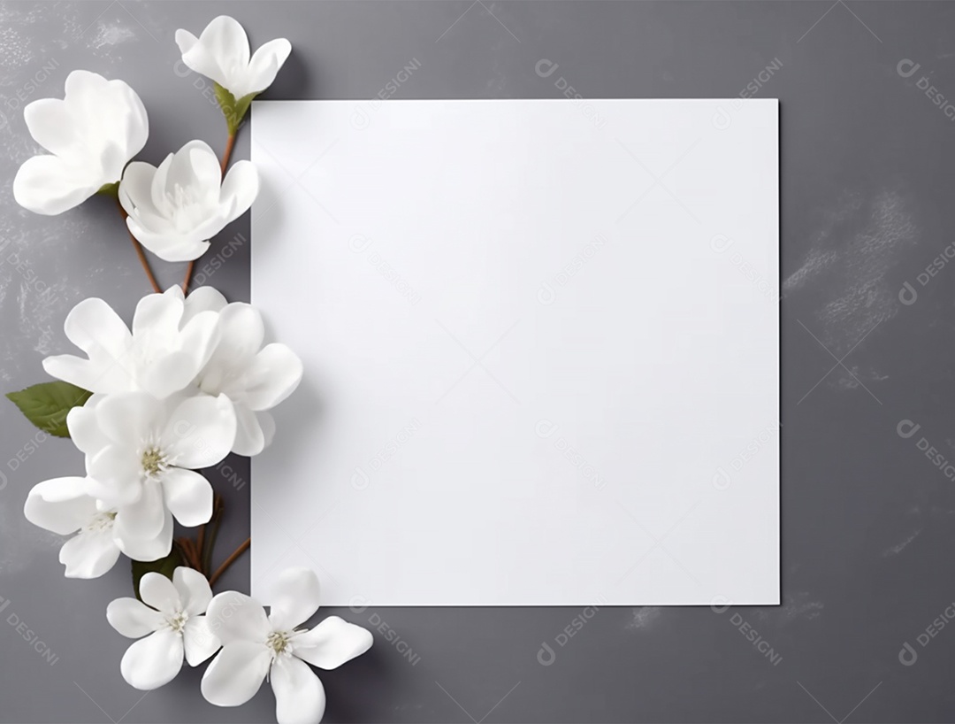 Papel em branco sobre fundo cinza com flores.