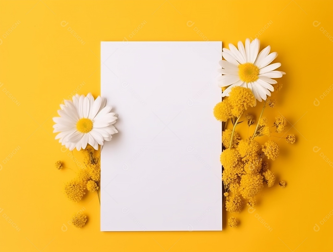 Papel em branco sobre fundo amarelo com flores.