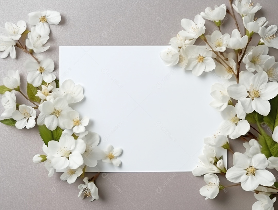 Papel em branco sobre fundo cinza com buquê de flores.