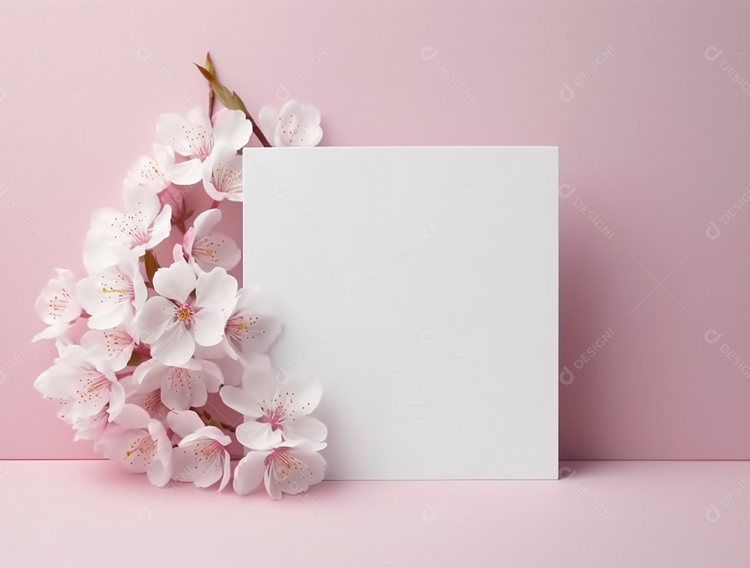 Papel em branco sobre fundo rosa com buquê de flores.