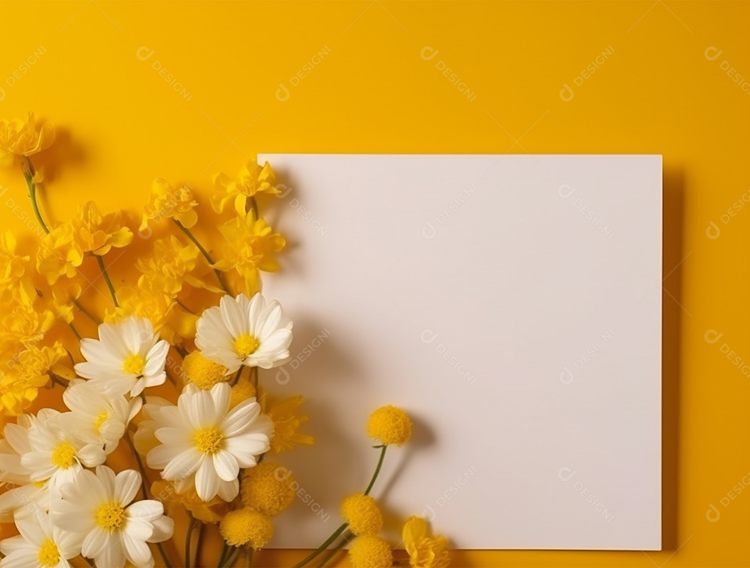 Papel em branco sobre fundo amarelo com buquê de flores.