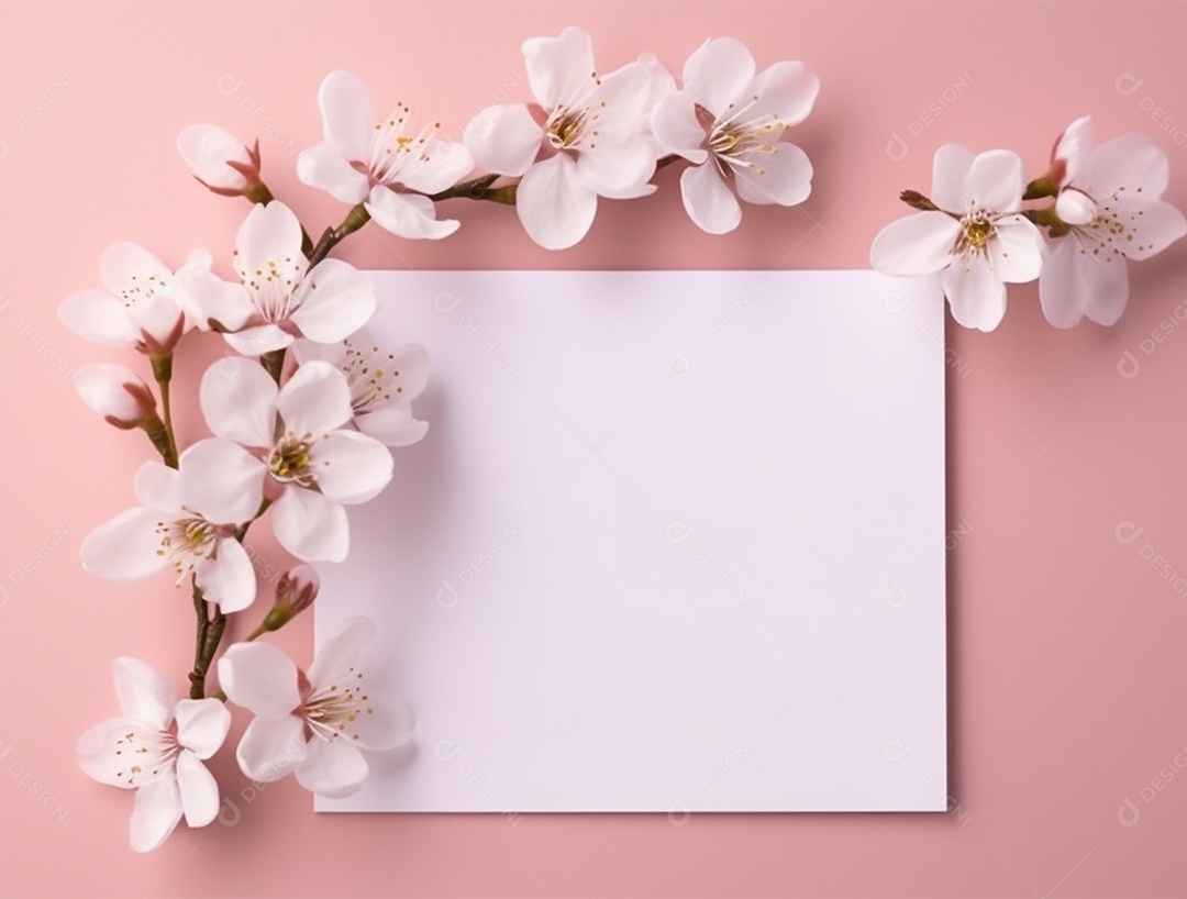 Papel em branco sobre fundo rosa com buquê de flores.
