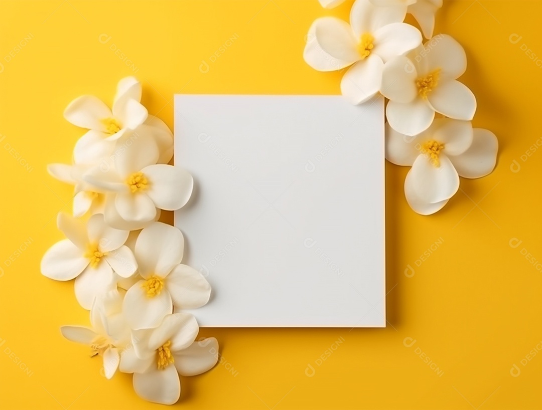 Papel em branco sobre fundo amarelo com buquê de flores.
