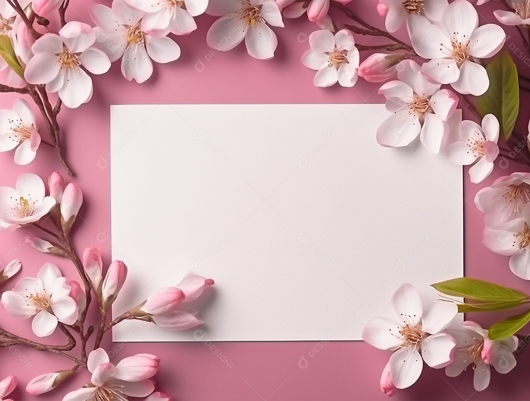 Papel em branco sobre fundo rosa com buquê de flores.