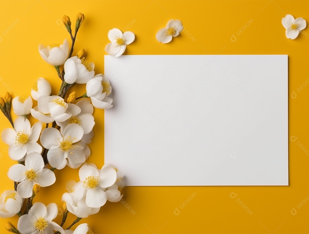 Papel em branco sobre fundo amarelo com buquê de flores.