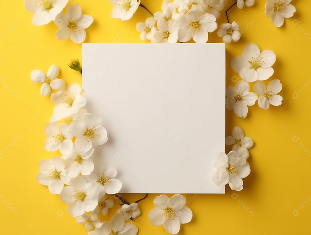 Papel em branco sobre fundo amarelo com buquê de flores.