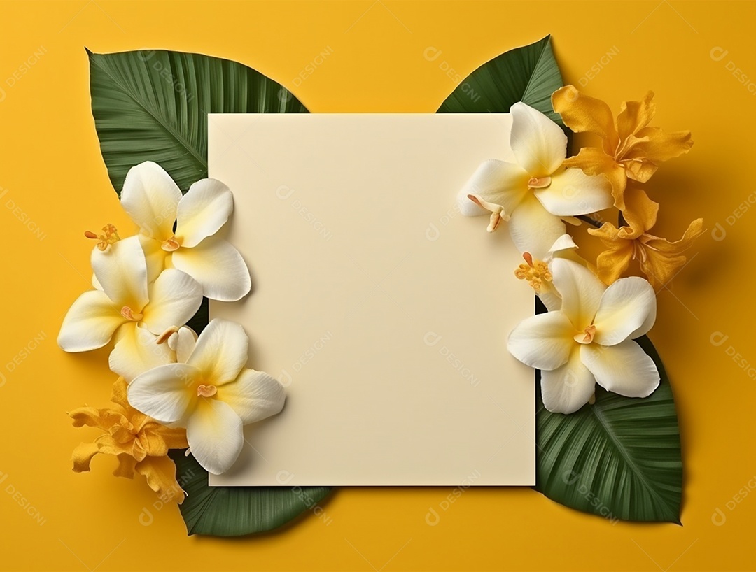 Papel em branco sobre fundo amarelo com buquê de flores.