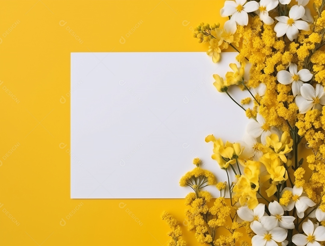 Papel em branco sobre fundo amarelo com buquê de flores.