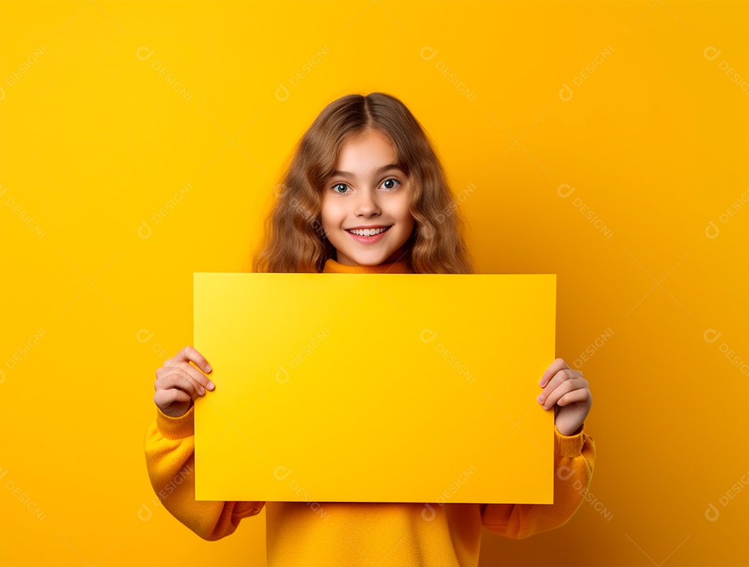 Menina segurando um cartaz amarelo sobre um fundo amarelo.