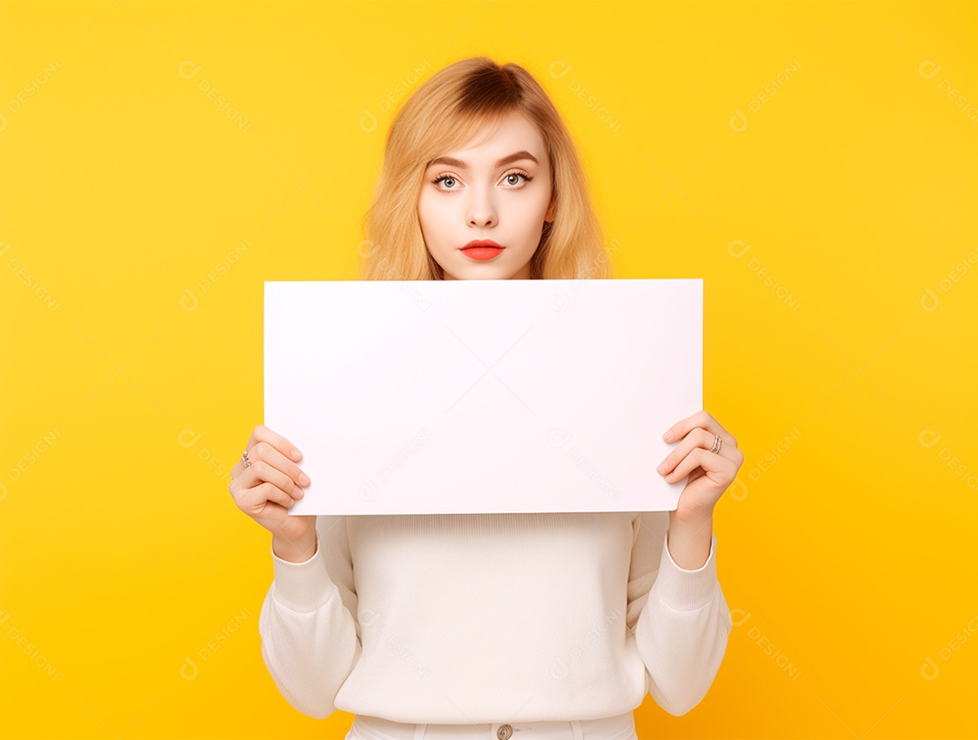 Mulher segurando cartaz sobre um fundo amarelo.