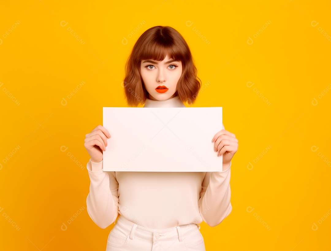 Linda mulher ruiva vestida de branco segurando papel em branco.