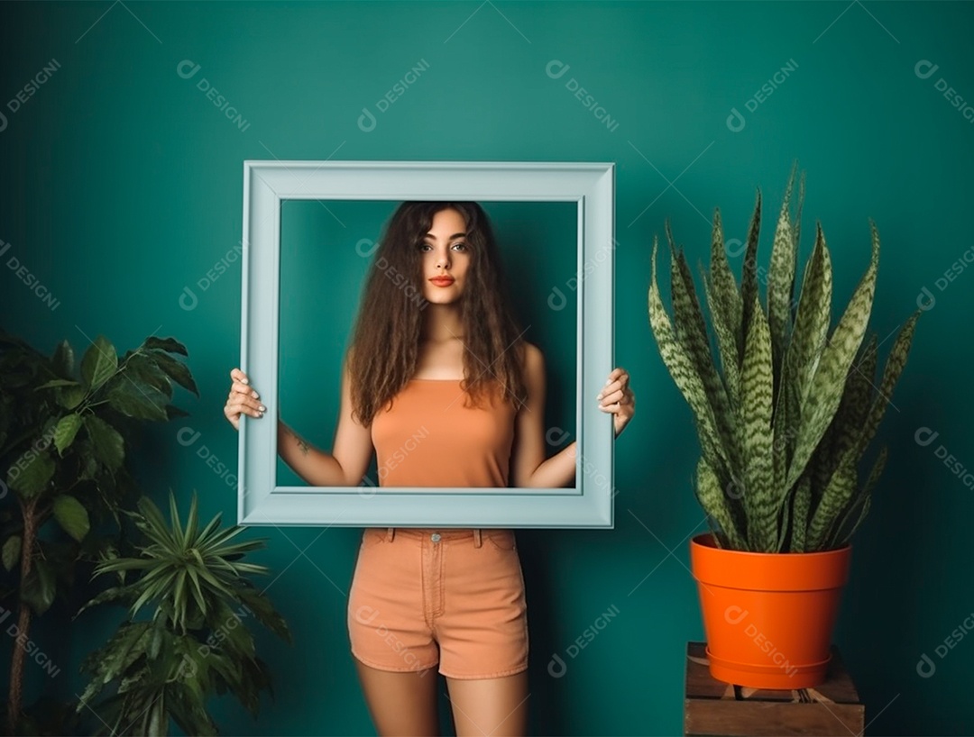Mulher segurando moldurada sobre um fundo verde com plantas.