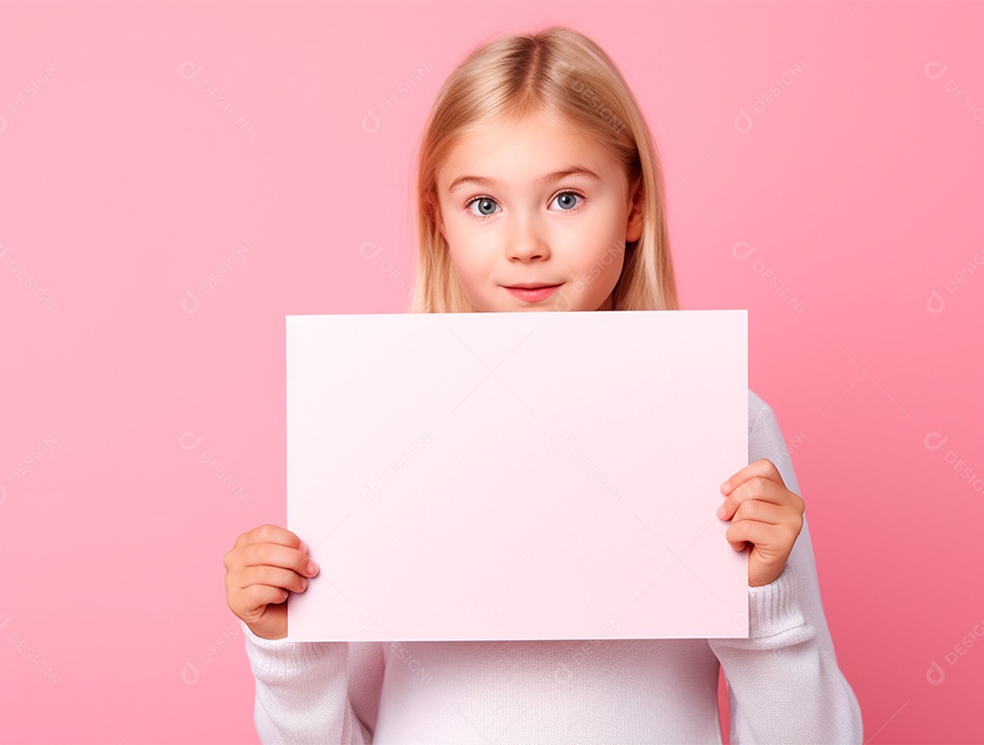 Linda menina loira segurando cartaz em branco sobre fundo rosa.