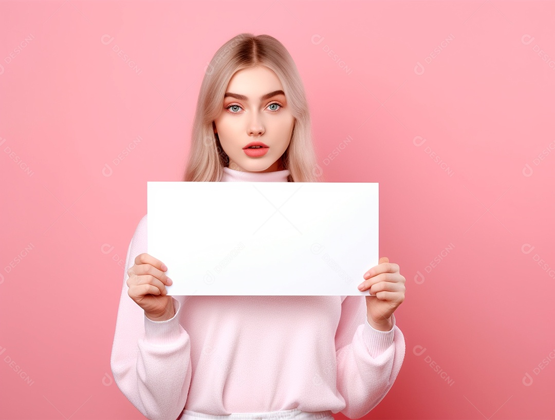 Linda mulher loira segurando papel em branco sobre fundo rosa.