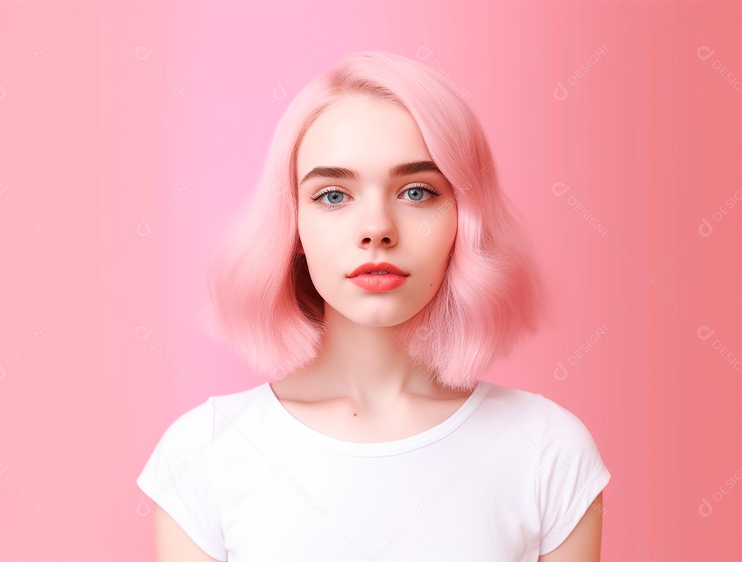 Mulher de cabelo rosa sobre um fundo rosa.