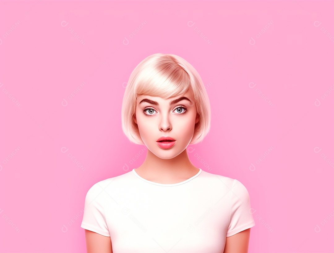 Mulher loira sobre um fundo isolado rosa.