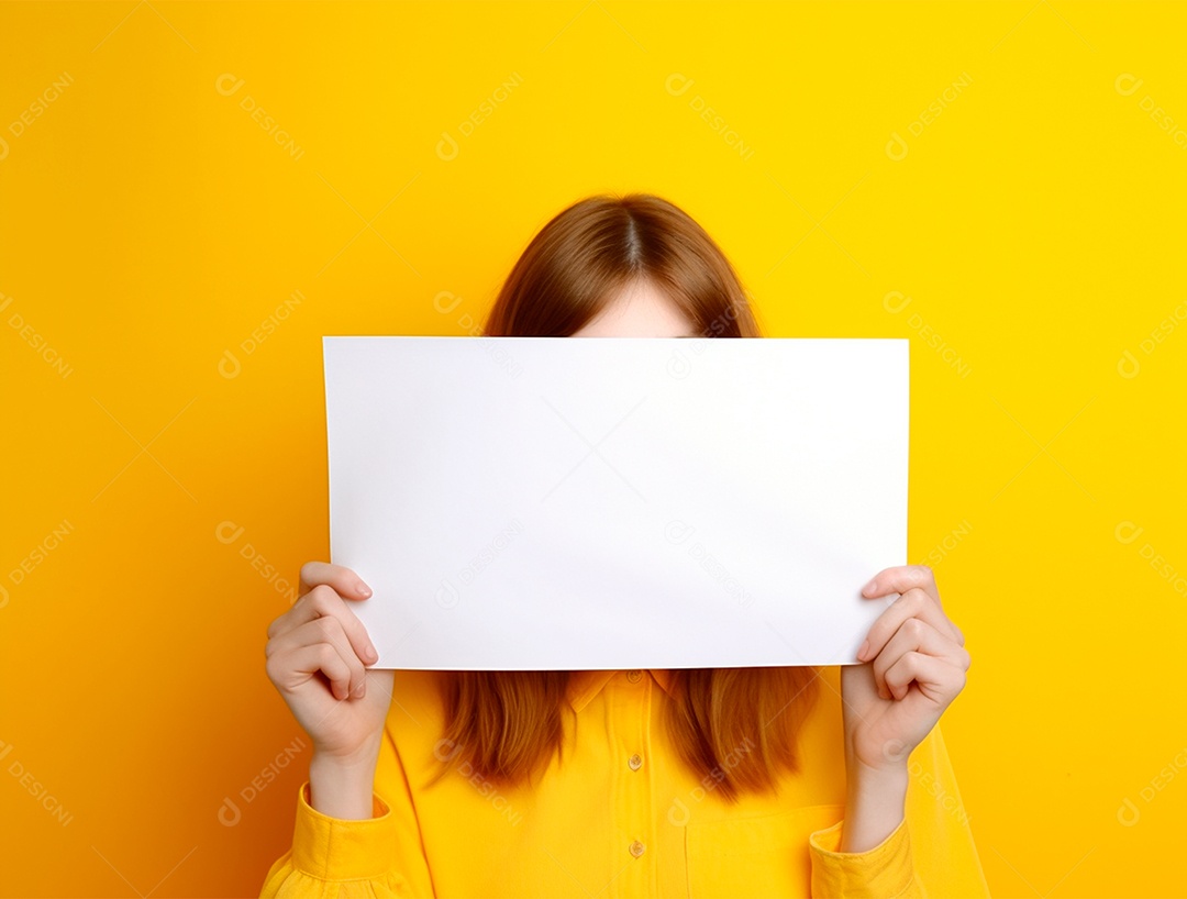 Pessoa com cartaz branco sobre um fundo amarelo.