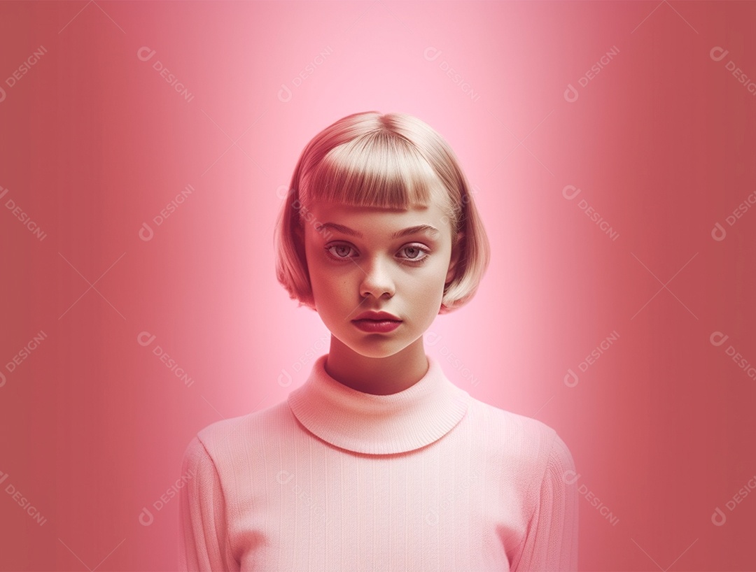 Menina loira de cabelo curto sobre fundo isolado rosa.