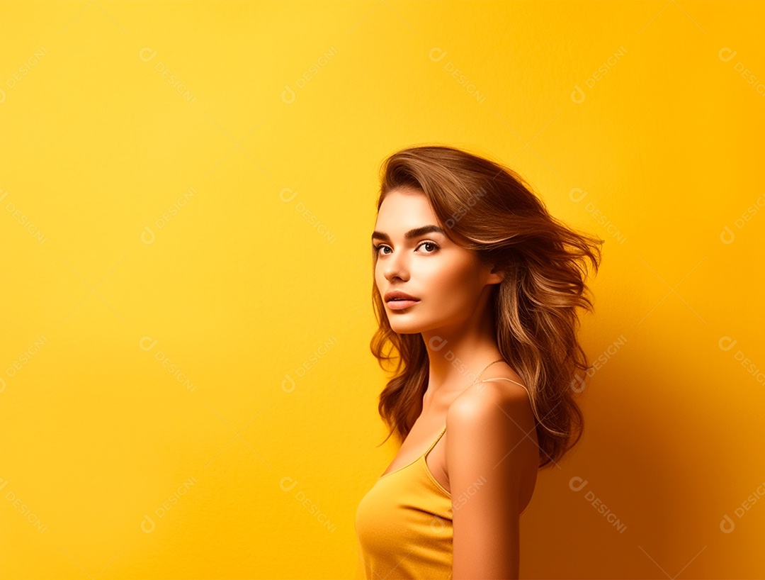 Linda mulher morena sobre um fundo isolado amarelo.