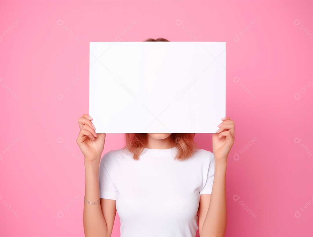 Pessoa segurando cartaz branco sobre um fundo rosa.